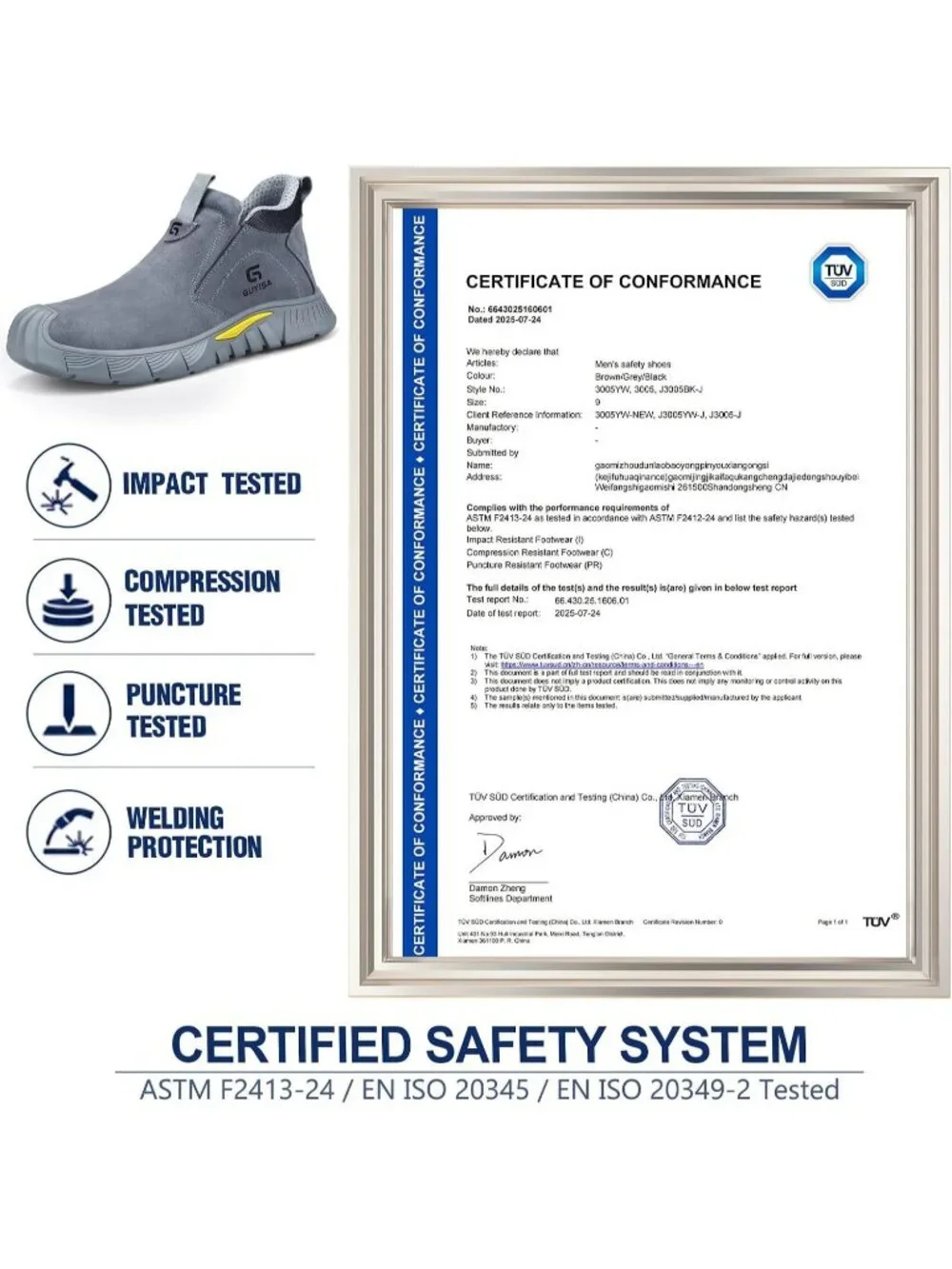 Men's Grey Fireproof Shoes Casual Slip On Steel Toe Mid Top Jobsite Work Boots